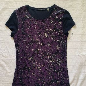 Tahari knit top, black with purple front metallic design sz med